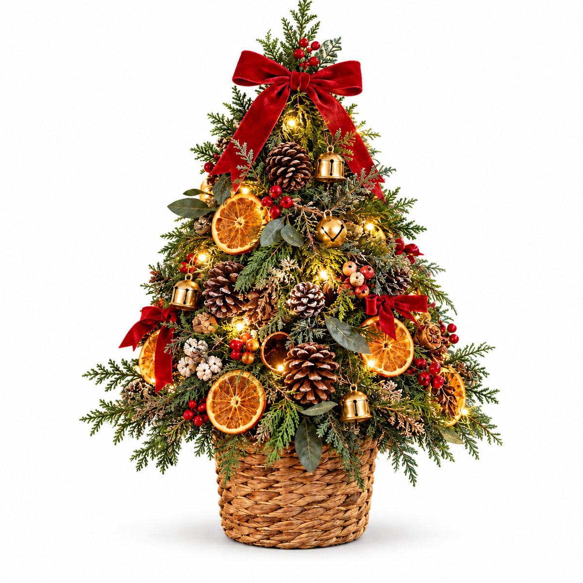 Citrus & Pinecone LED Tabletop Christmas Tree in Woven Basket