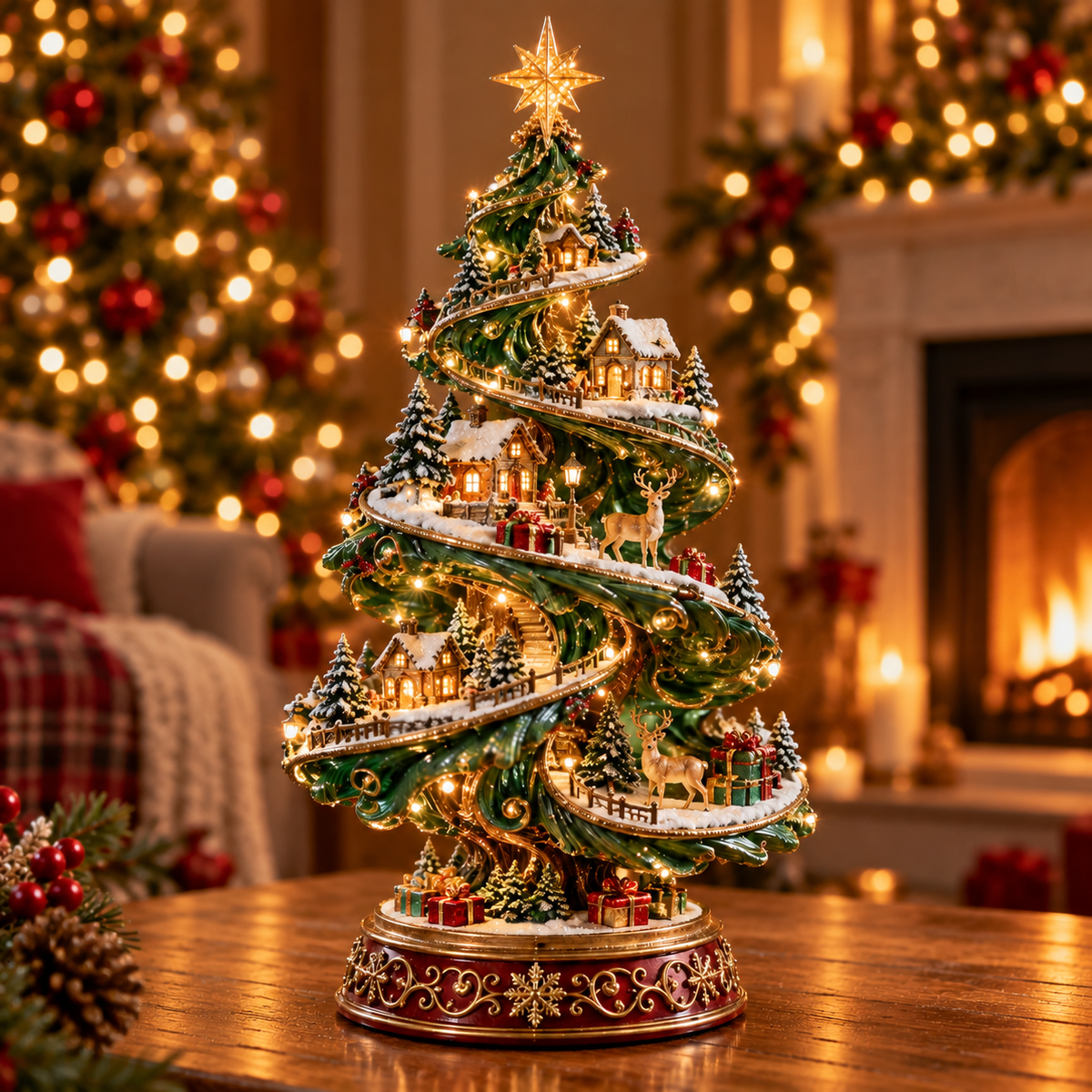 Spiral Christmas Village Tree with LED Lights