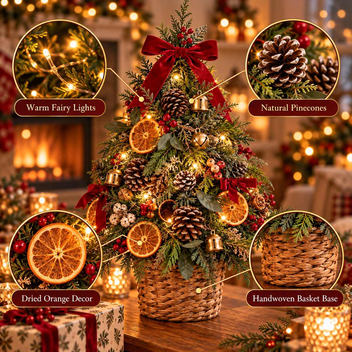 Citrus & Pinecone LED Tabletop Christmas Tree in Woven Basket