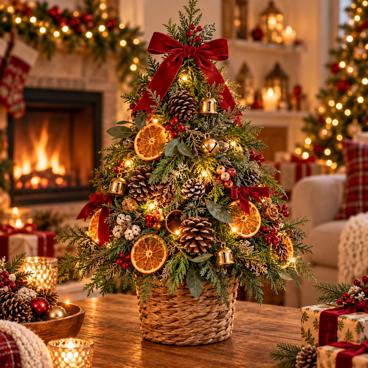 Citrus & Pinecone LED Tabletop Christmas Tree in Woven Basket
