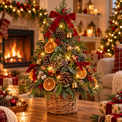 Citrus & Pinecone LED Tabletop Christmas Tree in Woven Basket