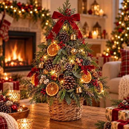 Citrus & Pinecone LED Tabletop Christmas Tree in Woven Basket