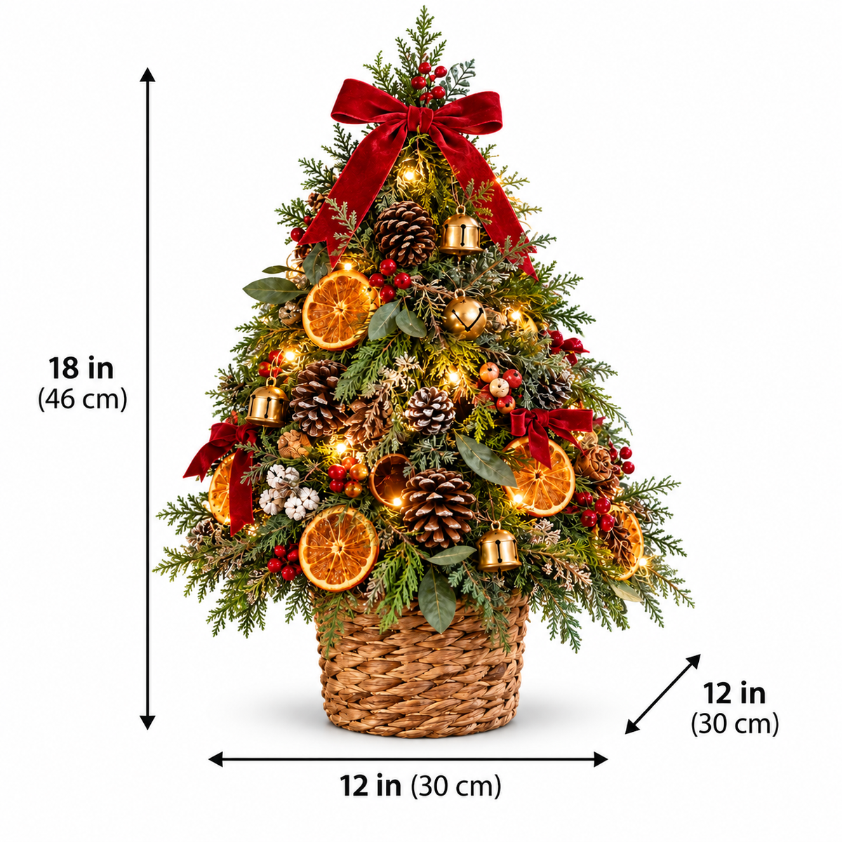 Citrus & Pinecone LED Tabletop Christmas Tree in Woven Basket