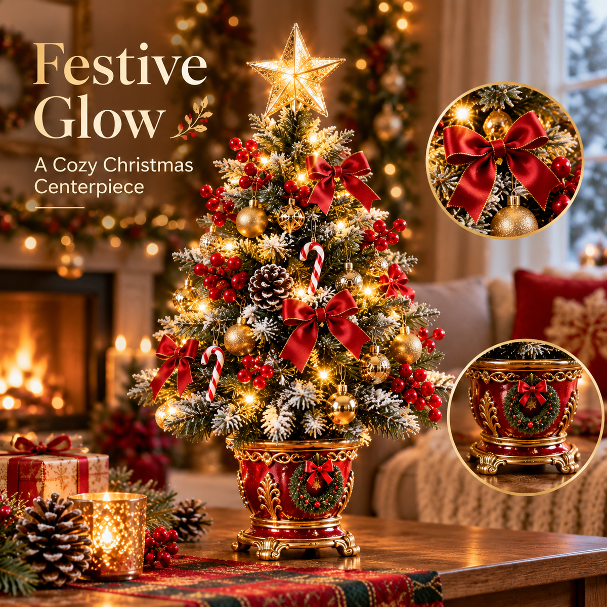 Burgundy Velvet Urn Snow-Flocked LED Tabletop Christmas Tree