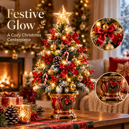 Burgundy Velvet Urn Snow-Flocked LED Tabletop Christmas Tree