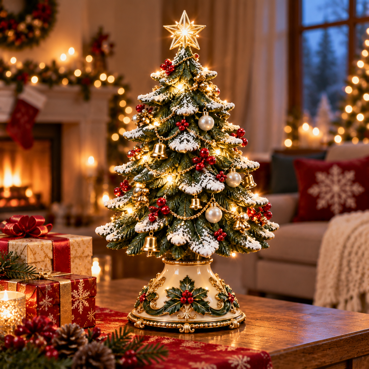 Holly Crest Cream & Gold LED Tabletop Christmas Tree