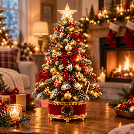 Velvet Wreath Base Snow-Flocked LED Tabletop Christmas Tree