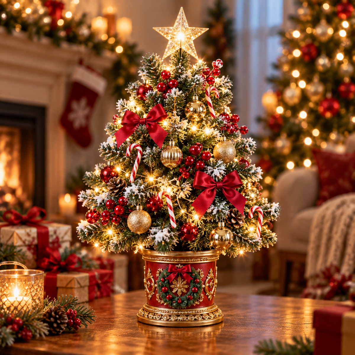 Festive Glow Red & Gold LED Tabletop Christmas Tree