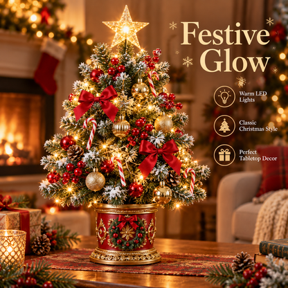 Festive Glow Red & Gold LED Tabletop Christmas Tree