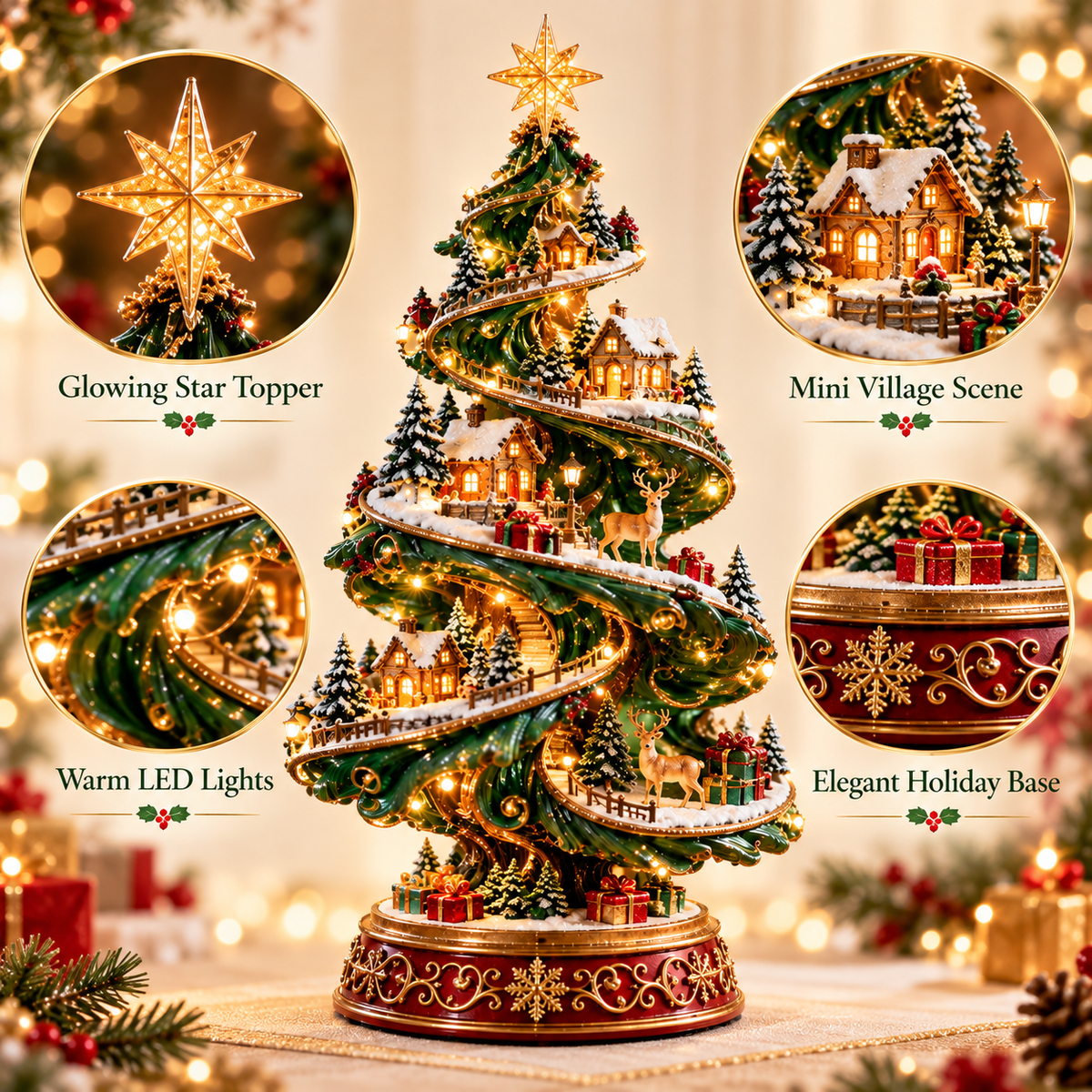 Spiral Christmas Village Tree with LED Lights